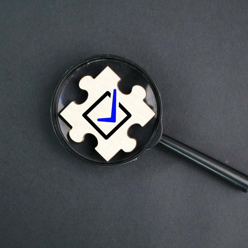 magnifying glass and wooden puzzle with correct sign icon.